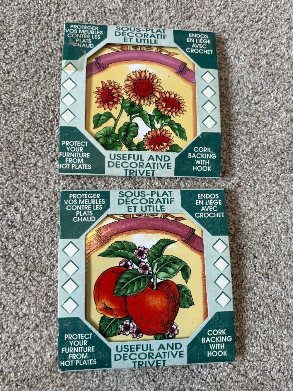 Set of Vintage Ceramic Tile Trivets Useful & Decorative Apple & Flowers 90s